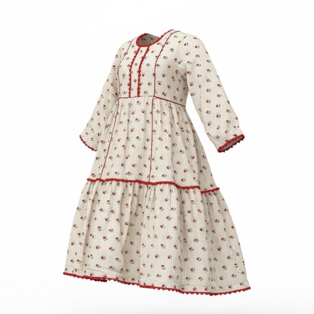 Vintage 80s baby girl adorable tiered cream dress with floral pattern red trim